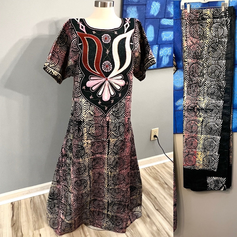 Women’s African Adire Ankara dress w/Head Wrap Pink and Deep Blue-Green